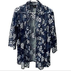 Tahari embroidered sheer lace Medium cardigan blue ivory floral long sleeve